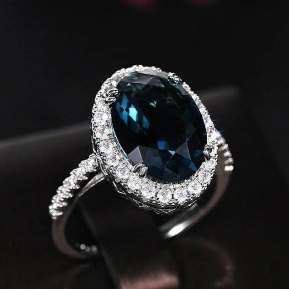 Sterling Silver Big 14mm Oval Pure Royal Blue Ring - Picture 1 of 10